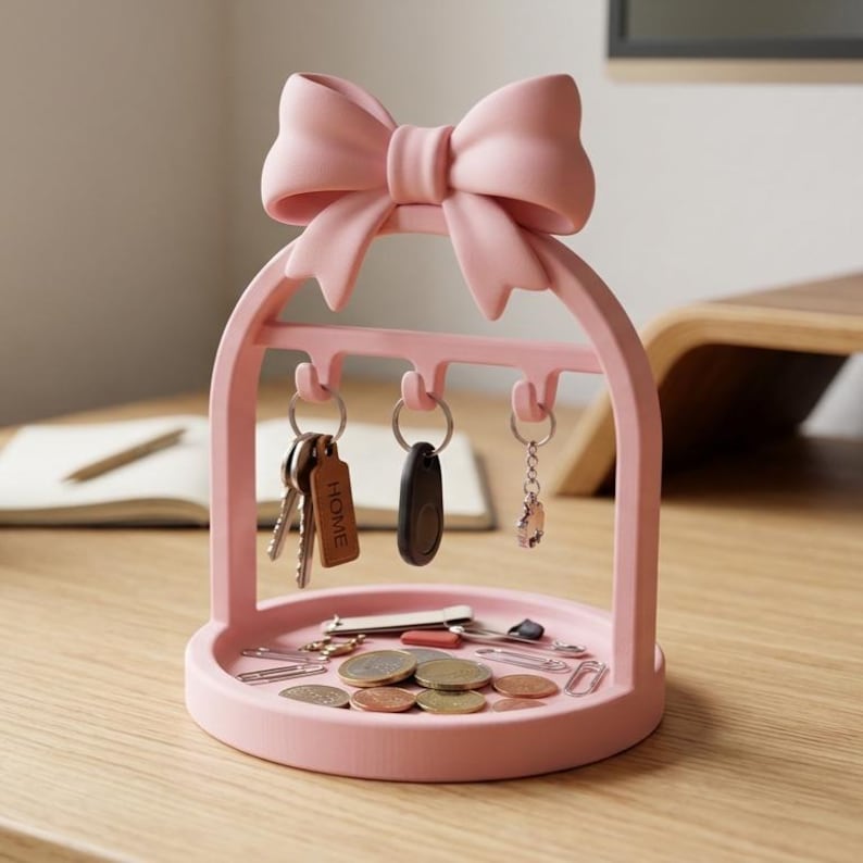 May include: A light pink arched key holder featuring a large decorative bow at the top and three hooks for hanging keys. The base is a circular tray containing various metal paper clips, coins, and a small rectangular tag labelled HOME.