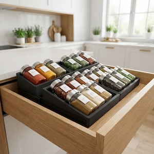 May include: A set of tiered black drawer inserts holding clear glass spice jars with silver lids and white labels. The jars contain various colorful spices and herbs, arranged in rows within the wooden kitchen drawer for organized storage.