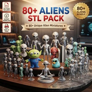 Puede incluir: Una colección de más de 80 miniaturas de alienígenas, incluyendo figuras humanoides grises, un personaje verde de tres ojos y una criatura azul similar a un pato. La imagen contiene el texto 80+ ALIENS STL PACK, 80+ Unique Alien Miniatures y 80+ ALIENS BUNDLE.