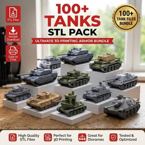 May include: A digital collection of 100+ tank STL files for 3D printing, featuring various miniature tank models in gray, green, and tan colors displayed on white blocks, with text overlays including 100+ TANKS STL PACK and ULTIMATE 3D PRINTING ARMOR BUNDLE.