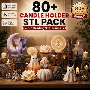 May include: A digital collection of 80+ candle holder STL files for 3D printing. The image displays various printed candle holders including a crescent moon with an angel, lotus flowers, ghosts, pumpkins, geometric frames, and lanterns, all illuminated with small candles.