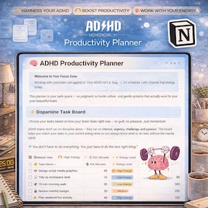 Mall för ADHD-produktivitetsplanerare, fokusenergispårare (digital nedladdning)