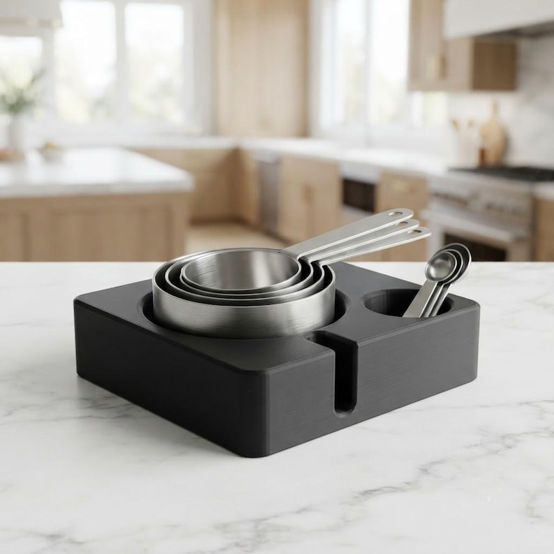 May include: A set of stainless steel measuring cups and spoons nested within a matte black rectangular storage base. The base features a dedicated circular cutout for the cups and a smaller circular slot for the spoons, with a vertical notch.