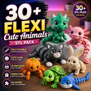 May include: A collection of 3D printed articulated animal figures including a green dragon, pink axolotl, gray cat, orange pumpkin spider, green turtle, beige rabbit, and blue shark. Text on the image reads 30+ FLEXI Cute Animals STL PACK.