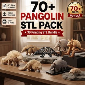 Peut inclure: Un lot numérique de plus de 70 fichiers STL de pangolins pour impression 3D. L'image montre diverses figurines d'animaux imprimées en 3D, dont des échidnés, des tatous et un pangolin géométrique noir, avec le texte 70+ PANGOLIN STL PACK.