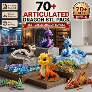 May include: A digital collection of 70+ articulated dragon STL files for 3D printing. The image displays various colorful, multi-jointed dragon figures in shades of purple, blue, yellow, orange, green, and red, with text overlays including 70+ ARTICULATED DRAGON STL PACK.