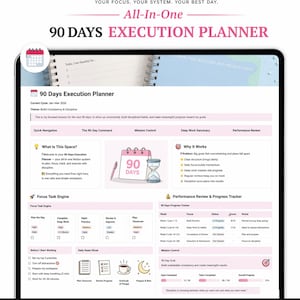 May include: A digital 90 Days Execution Planner displayed on a tablet. The planner features sections for daily tasks, habit tracking, and performance review. The design is clean with a pink and white color scheme, and includes the text "All-In-One" and "90 DAYS EXECUTION PLANNER".