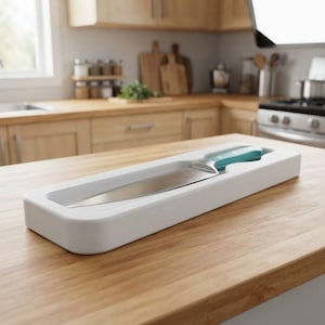 May include: A stainless steel kitchen knife with a teal handle resting inside a rectangular white protective tray. The knife features a pointed tip and a sharp blade edge, securely positioned within the molded white storage insert.