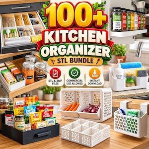 Op de afbeelding: Een digitaal pakket met meer dan 100 STL-bestanden voor keukenorganizers, waaronder ladeverdelers, kruidenrekken, hangmanden en modulaire bakken. De afbeelding toont diverse witte en zwarte kunststof organizers gevuld met kruiden, etenswaren en schoonmaakmiddelen.
