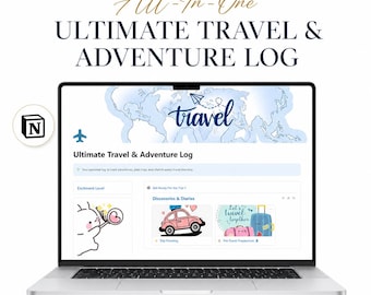Puede incluir: Un portátil que muestra un registro de viajes y aventuras con el texto "Ultimate Travel & Adventure Log". La pantalla muestra un mapa del mundo e ilustraciones relacionadas con los viajes. La parte superior de la pantalla dice "YOUR TRAVEL. ONE SYSTEM. All-In-One".