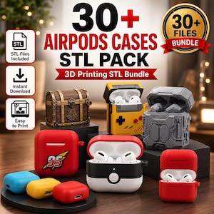 30+ trådlösa hörlursfodral i STL-format, 3D-skrivarfiler i paket, AirPods-fodral i STL-format, skyddande hörlurshållare, digital nedladdning