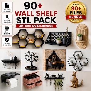 May include: A digital bundle of 90+ wall shelf STL files for 3D printing. The image displays various shelf designs including hexagonal, black drip-style, tree-shaped jewelry holders, ornate wall brackets, and a kangaroo-shaped figurine holder.