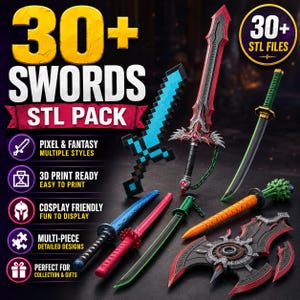 May include: A collection of 3D printable sword models including a pixelated blue sword, a red and black fantasy blade, a green katana, a carrot-shaped sword, and a circular red and black weapon. Text reads 30+ SWORDS STL PACK and 30+ STL FILES.