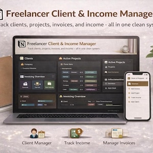 Freelancer Notion Klient crm & Income Maerger | Rechnung + Zahlung Tracker, Time Tracker, Projekt Dashboard