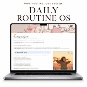 Può includere: Un laptop mostra il testo "YOUR ROUTINE. ONE SYSTEM. DAILY ROUTINE OS." Lo schermo mostra una pagina web intitolata "The Daily Routine OS" con un elenco di passaggi e un'illustrazione di una persona con le braccia tese in un campo.