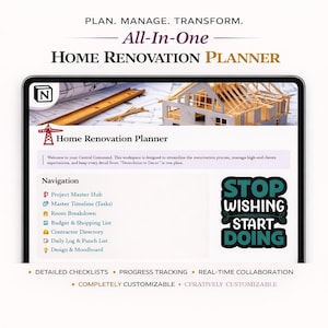 May include: A digital tablet showing a "Home Renovation Planner" interface. The screen displays a blueprint, a model house, and navigation options. The text "STOP WISHING START DOING" is also visible. The planner is described as "All-In-One."