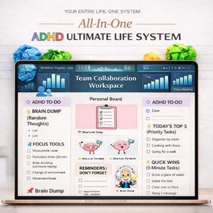 May include: A laptop screen showing an "All-In-One ADHD Ultimate Life System." The interface features ADHD to-do lists, focus tools, and a team collaboration workspace. Crumpled paper decorates the screen's surroundings.