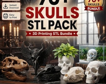 70+ Skulls STL Pack, Skull 3D Printer Files Bundle, Gothic Decor, Animal Skull, Halloween Prop, Planter, Digital Download