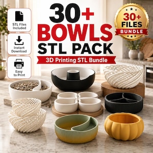 30+ Bowls STL Pack, 3D Printer Files Bundle, Printable Bowl Models, Snack Bowl, Fruit Bowl, Kitchen Decor STL, Digital Download