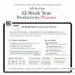 May include: A digital tablet displays a 12-Week Year Productivity Planner. The planner features sections on goal setting, weekly action plans, and tracking execution. The text includes "Focused Planning," "Real Time Tracking," and "Instant Download."