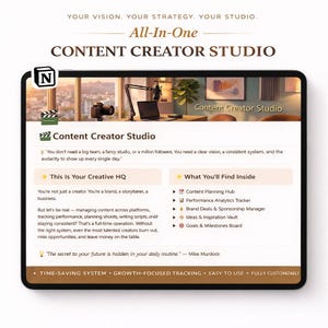 Op de afbeelding: Een digitale tablet toont een webpagina met de titel "Content Creator Studio". De pagina belicht functies zoals contentplanning, prestatie tracking en merkaanbiedingen. De tekst bevat "All-In-One" en "Time-Saving System."