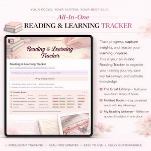 Może przedstawiać: Cyfrowy tablet wyświetla interfejs "Reading & Learning Tracker". Ekran pokazuje listę lektur z tekstem "Reading & Learning Tracker" u góry. Obraz zawiera również tekst "All-In-One READING & LEARNING TRACKER".