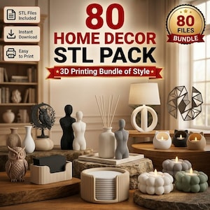May include: A digital collection of 80 home decor STL files for 3D printing, featuring various decorative objects including an owl sculpture, human torso figures, a table lamp, candle holders, a reed diffuser, and a coaster set with a holder.