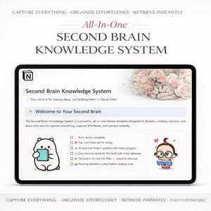 Può includere: Un tablet digitale mostra l'interfaccia "Second Brain Knowledge System". Lo schermo mostra testo e grafica, tra cui un orso che tiene un tablet e una ragazza che legge. Il testo include "Capture Everything" e "Organize Effortlessly."