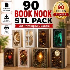 Pacchetto di 90 file STL per angoli lettura, file per stampante 3D, inserti stampabili per libreria, diorama in miniatura, decorazioni fantasy per scaffali, download digitale