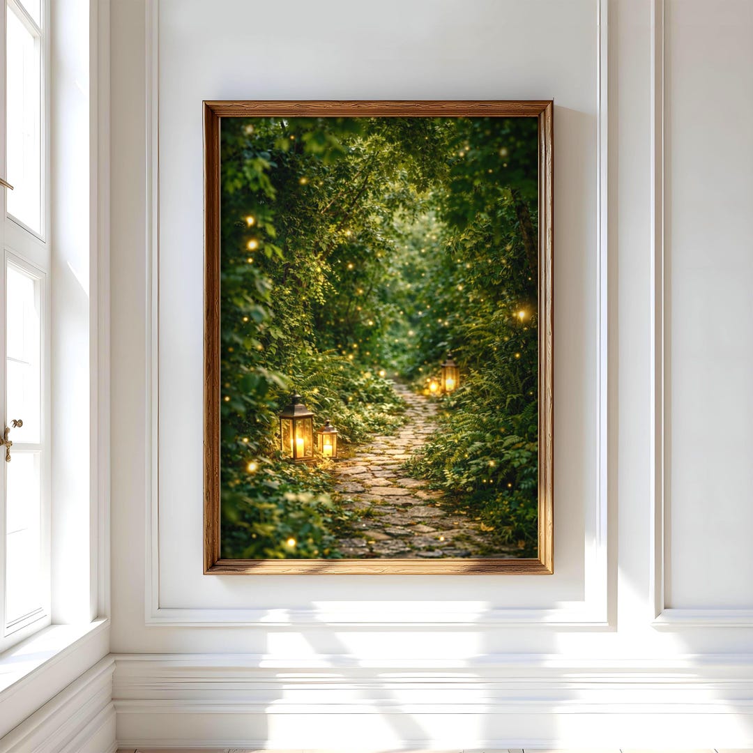 Enchanted Garden Path Greenery Painting, Fairy Light Forest Wall Art ...