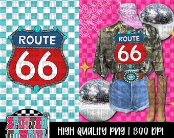 Västra turkosa Route 66 PNG | Cowgirl Route 66-skylt | Västra PNG-design | Turkos roadtrip-grafik | Kommersiellt bruk PNG