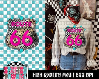 Route 66 Western PNG | Turkos leopardrutig Route 66-skylt | Retro roadtrip-design | Sublimering PNG | Kommersiellt bruk