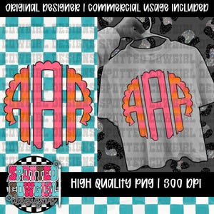May include: A digital design featuring a monogram with the letters "AAA" in a pink and orange gradient, set within a scalloped circle. The design is displayed on a gray t-shirt and a checkered background. Text includes "Spotted Cowgirl Designs".