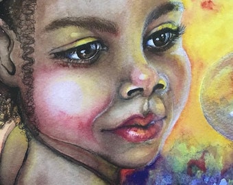 The Gift, watercolor, fairy child, African American art, art, 8x10 inch print, little girl fairy, fantasy art