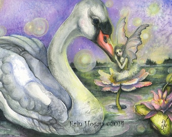 Swan and water fairy watercolor collector Mini print