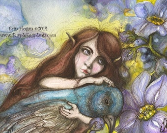 Fairy holding blue bird 8x10 watercolor and ink professional art print