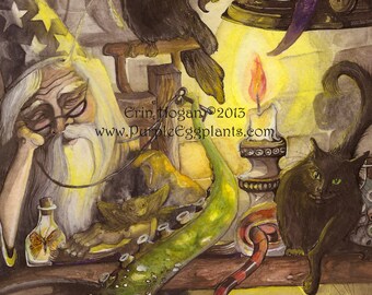 Dragon Art, Black Cat, Wizard Fantasy Art Reproduction 8x10 Print