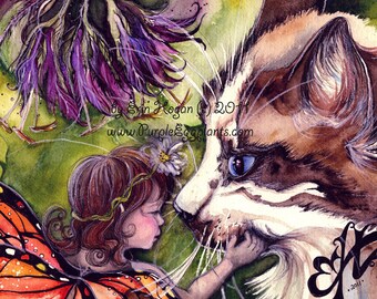 Fairy Art, Reproduction, Print, Fantasy, Watercolor, Fairy, Child, Cat, 8x10 Print