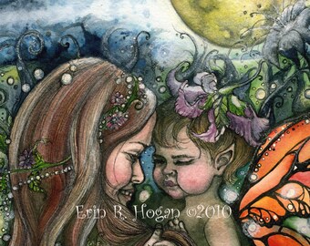 Mother and child fairy under full moon 8x10 professional watercolor print