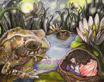 Fairy Tale, Art, Reproduction, Thumbelina, Toad, Fireflies, 5x7 print