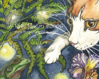 Cat, Art, Fantasy Art, Reproduction, Frog, Print, fireflies