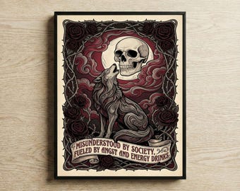 Misunderstood by Society Print, Funny Wolf Wall Art, Gothic Art Nouveau Decor