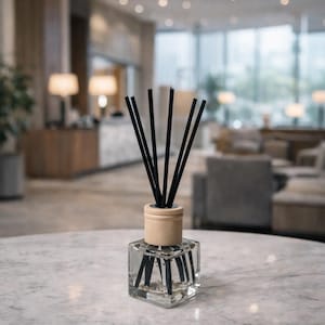 May include: A clear glass diffuser bottle with black reeds and a light wood collar sits on a marble table. The square bottle contains black reeds, and the background is a blurred interior space.