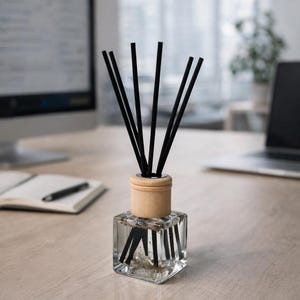 May include: A clear square glass reed diffuser bottle with a light-colored wooden cap and several thin black reeds extending upward. The bottle contains a transparent liquid and is filled with additional black reeds submerged inside the glass base.
