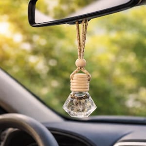 May include: A clear, diamond-shaped car air freshener hanging from a rearview mirror. The air freshener has a wooden top and a braided cord. The background is a blurred view of green foliage.