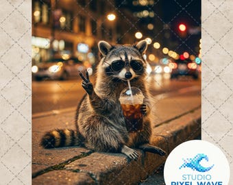 Lustiger Waschbär-Eiskaffee PNG, cooler Waschbär, der Kaffeetrinken Sublimation, Retro Trash Panda Meme Shirt Design, Eiskaffee-Liebhaber Geschenk Art