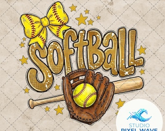 Softball PNG, Kokette Softball Bogen Sublimationsdesign, Gold Glitter Softball Mom Shirt, Handschuh und Fledermaus Grafik, Spieltag digitaler Download
