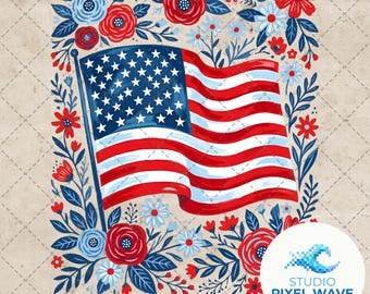 Florale amerikanische Flagge PNG, 4. Juli Sublimationsdesign, rote, weiße und blaue Volkskunstblumen, Unabhängigkeitstag Shirt Digital Art