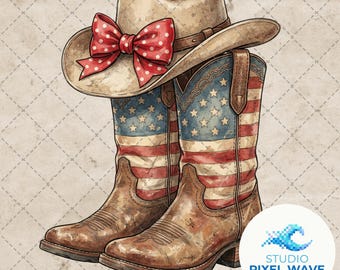 Cowgirl Stiefel Hut PNG, Patriotische westliche Kokette Bogen, 4. Juli Sublimation, Amerikanische Flagge Cowgirl Clipart, Landmädchen Digitaler Download