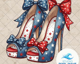 Patriotische High Heels PNG, Kokette Bogen Schuhe Clipart, 4. Juli Sublimationsdesign, amerikanische Sterne Streifen Heels, digitaler Download PNG